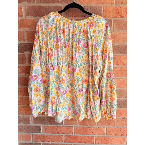 LC Lauren Conrad Women's Multicolor Floral Split V-Neck Long Sleeve Blouse Sz XL - Picture 2 of 3